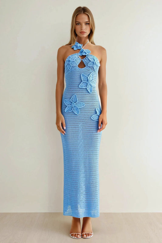 Knitted Halterneck Maxi Dress with 3D Floral Accents - Blue