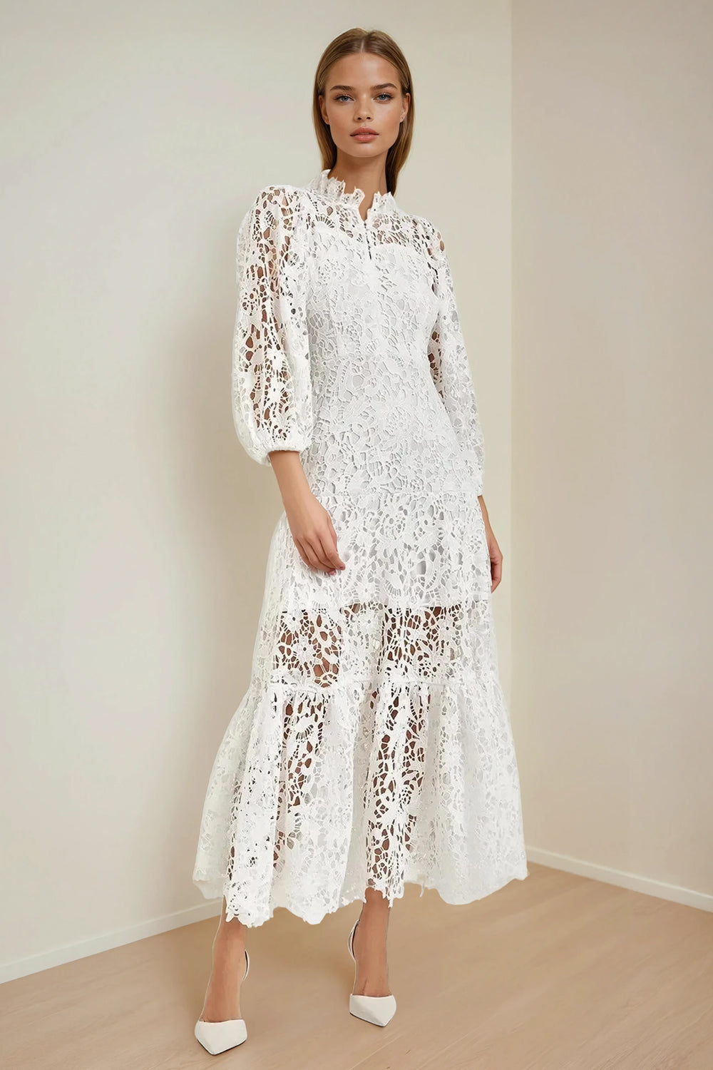 Midi Dress with High Neckline and Tiered Hem - White