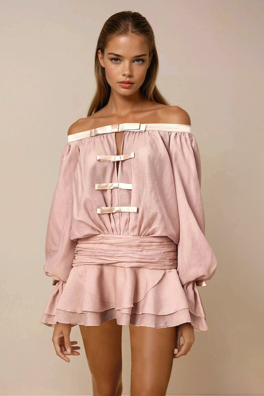 Mini Dress with Ruffle Skirt and Bow Details - Pink