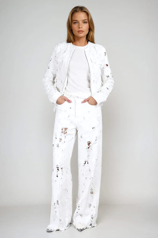 Two-Piece Set with Distressed Jacket and Wide-Leg Jeans - White