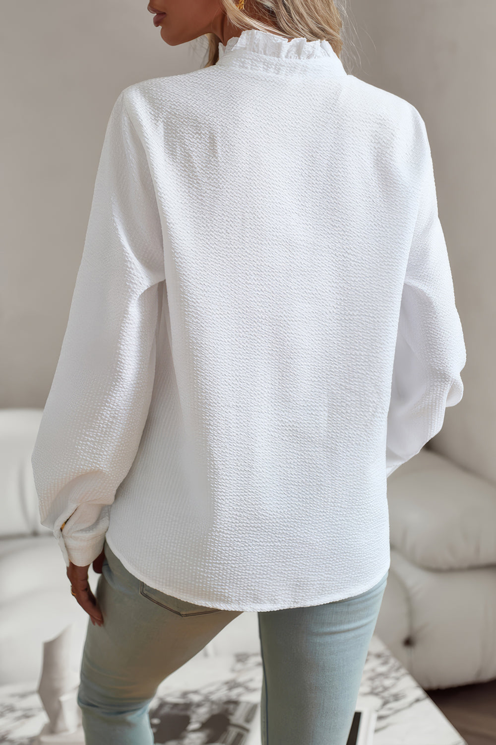 Long-Sleeve Button-Down Shirt with Ruffled Detail - Black