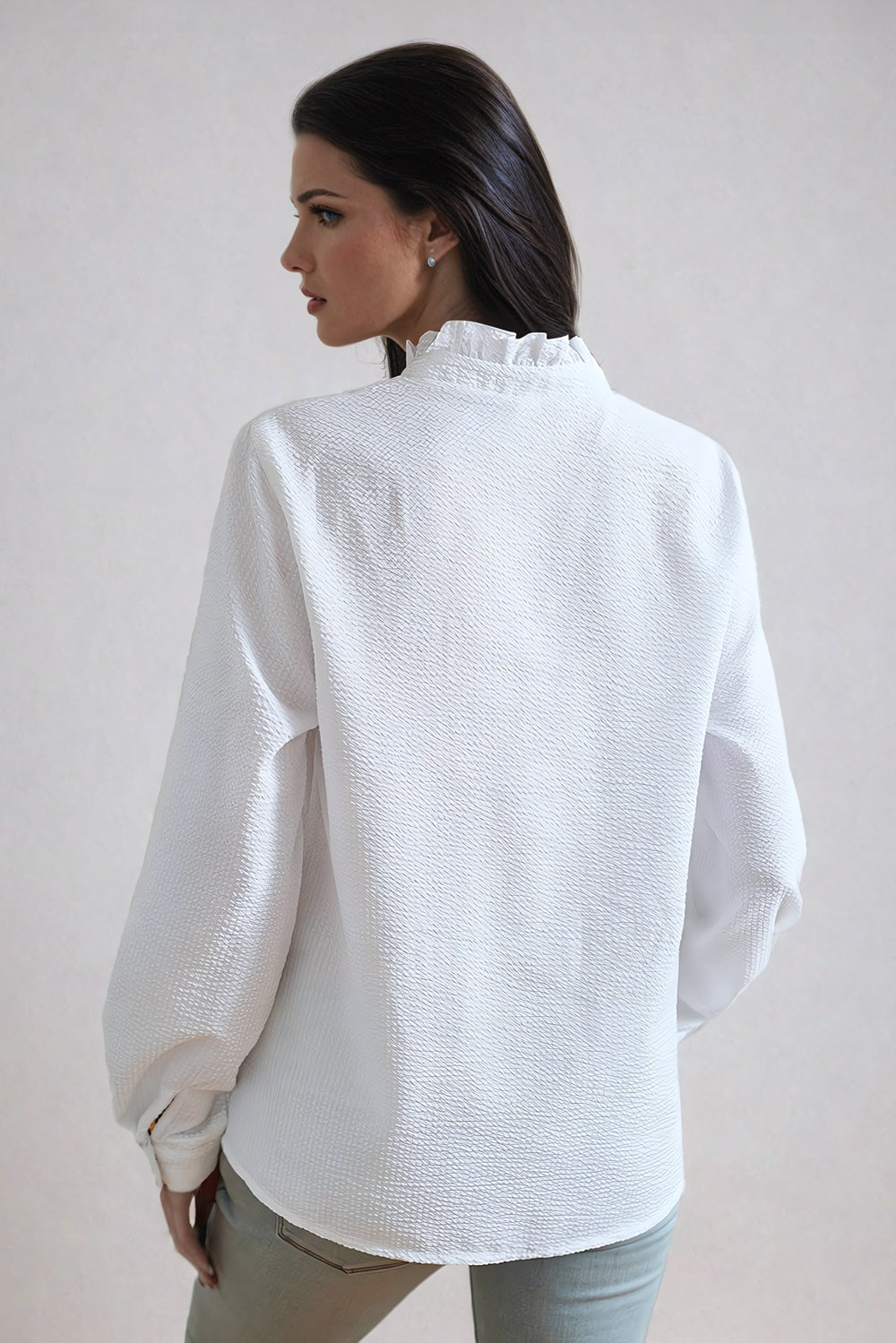 Long-Sleeve Button-Down Shirt with Ruffled Detail - White