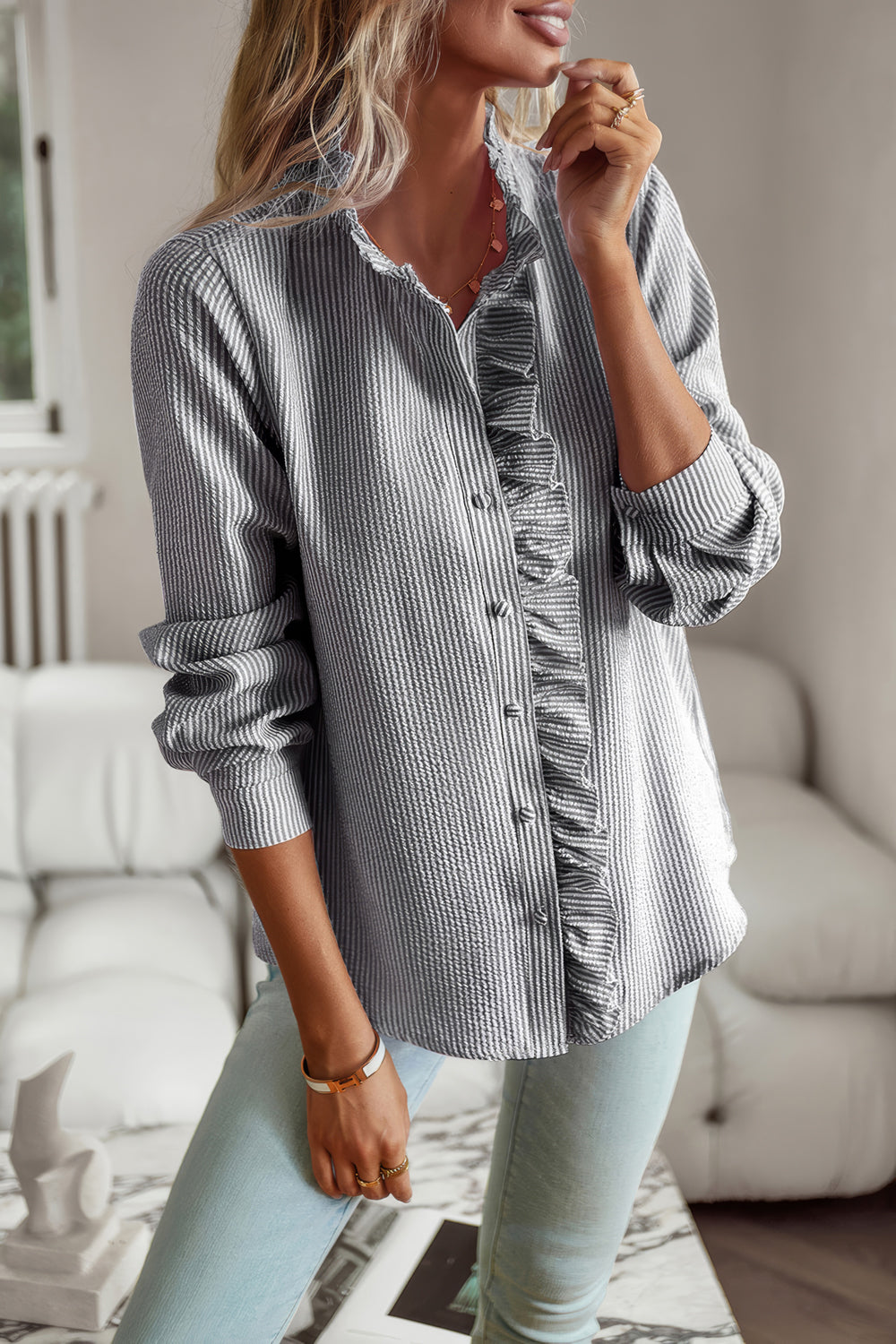 Long-Sleeve Button-Down Shirt with Ruffled Detail - Black