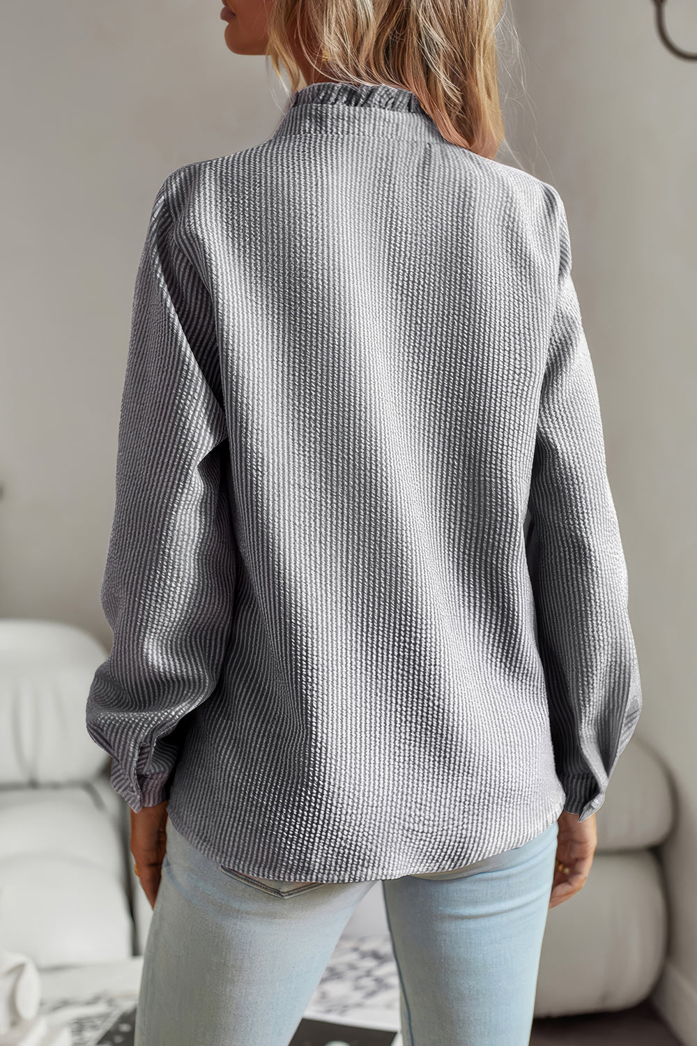 Long-Sleeve Button-Down Shirt with Ruffled Detail - Black