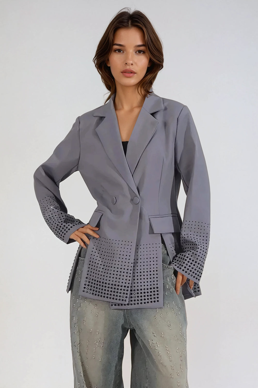 Tailored Double-Breasted Blazer with Studded Hem Detail - Gray