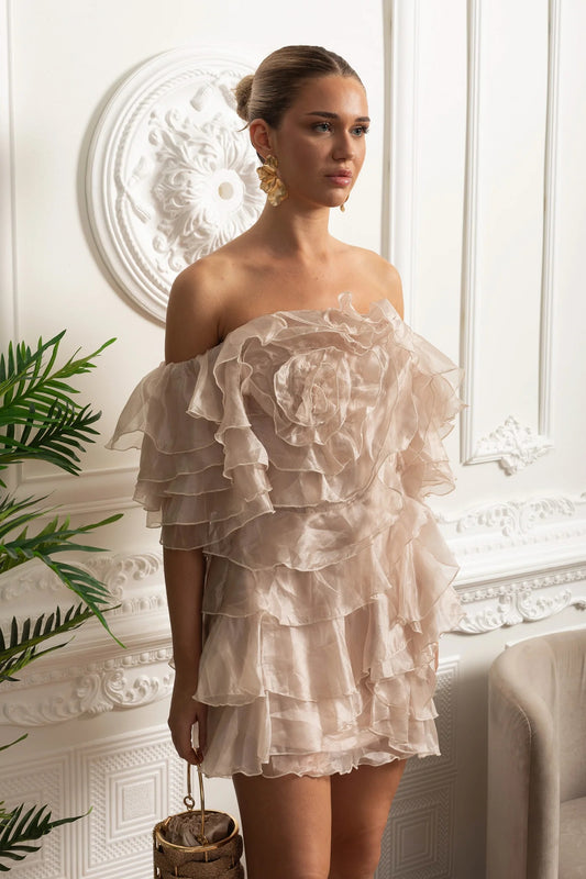 Off-Shoulder Ruffle Mini Dress With Rosette Detail - Beige