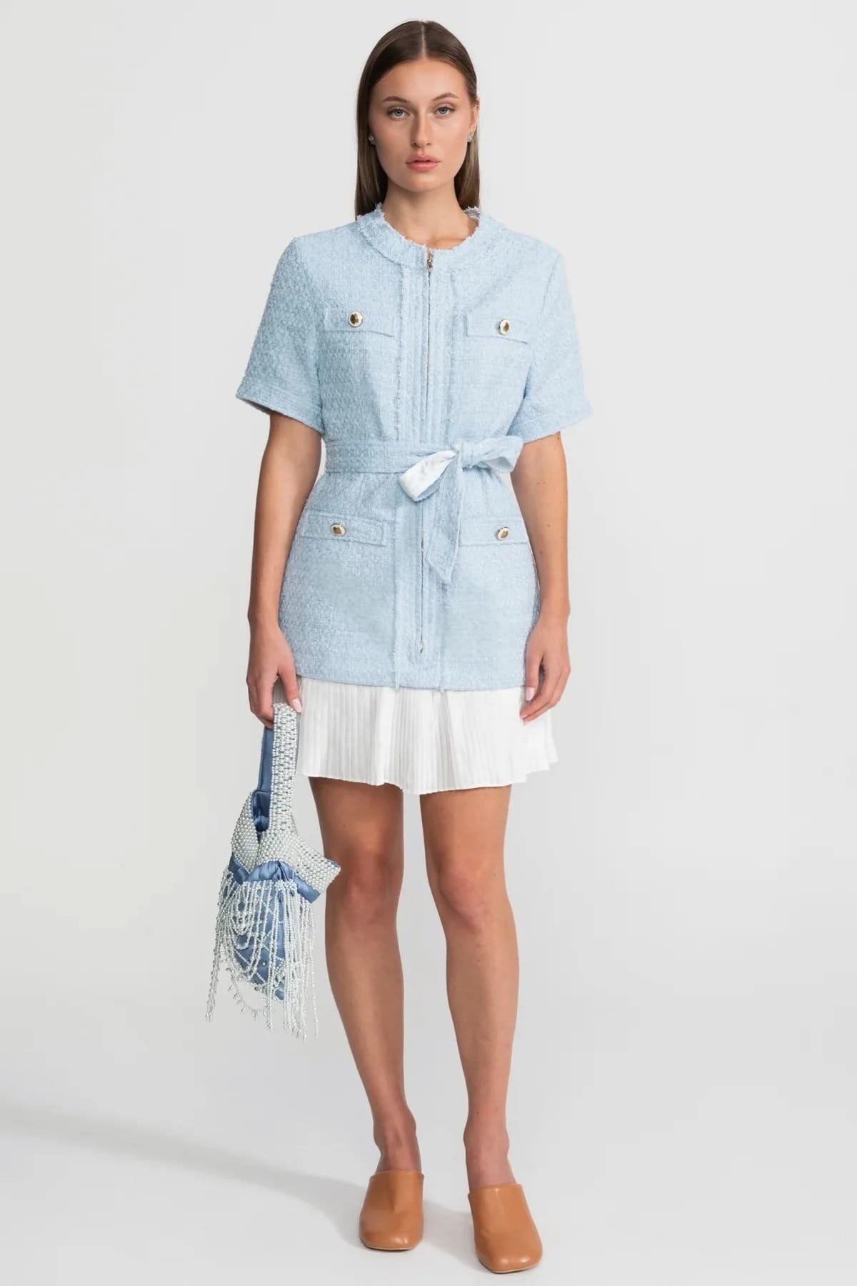 Short Sleeve Mini Dress with Belt and Pocket Detail - Blue