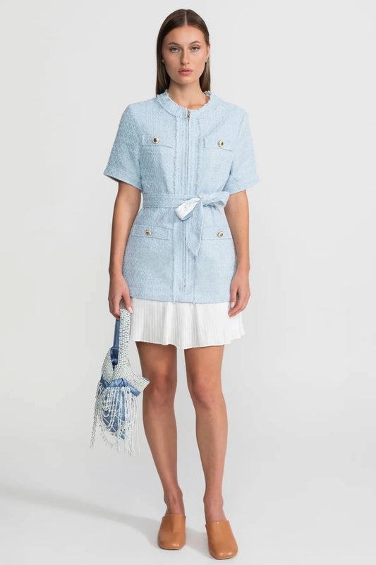 Short Sleeve Mini Dress with Belt and Pocket Detail - Blue