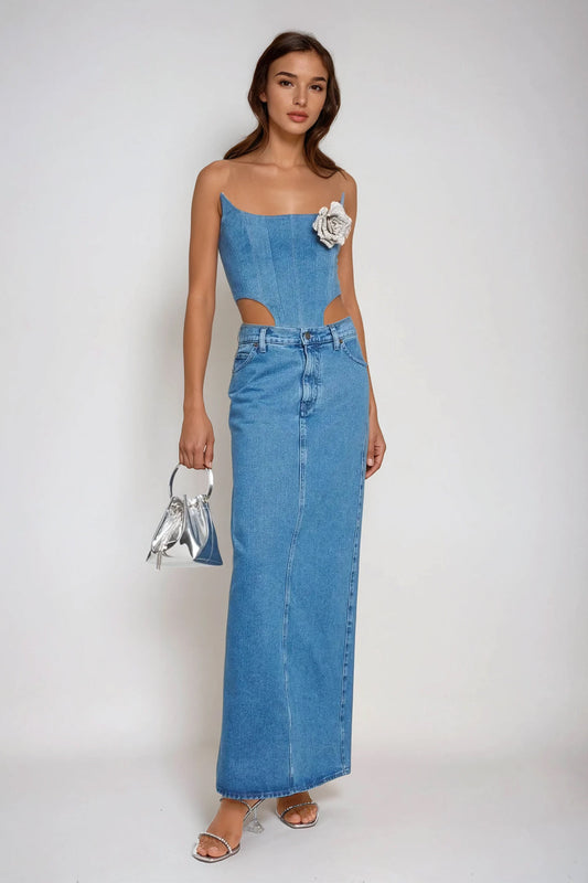 Structured Denim Corset Top with Embellished Accent - Blue