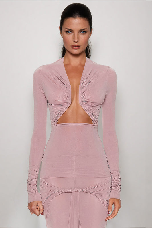 Ruched Cut-Out Front Long Sleeve Top - Pink