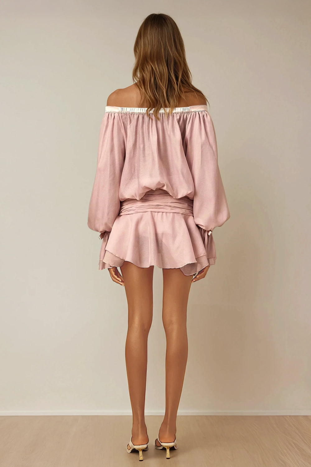 Mini Dress with Ruffle Skirt and Bow Details - Pink