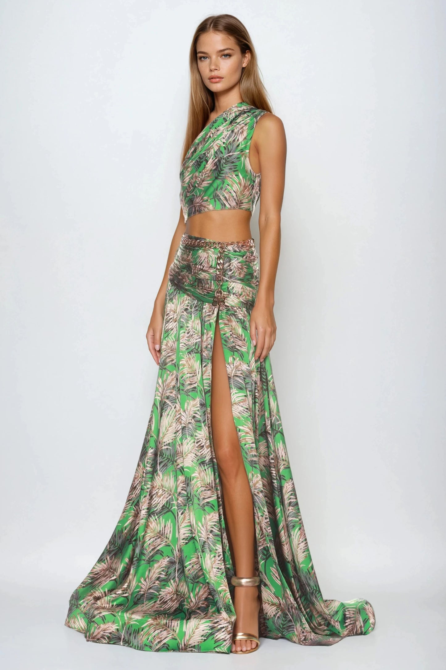 Two-Piece Set with Asymmetrical Top and High-Slit Maxi Skirt - Green