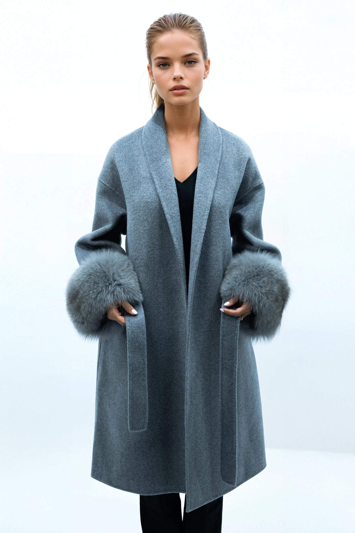 100% Wool Belted Long Coat with Fur Cuffs - Gray