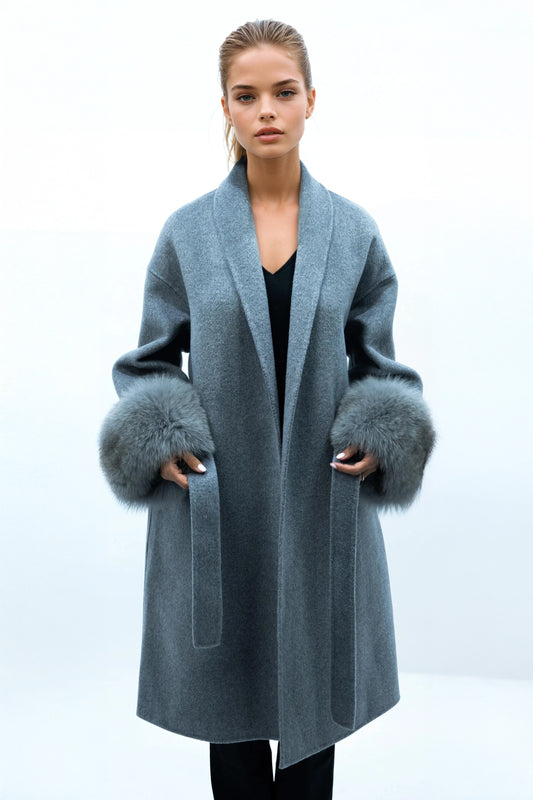 100% Wool Belted Long Coat with Fur Cuffs - Gray