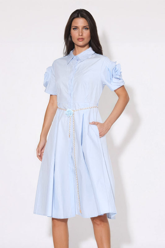 Midi Dress with Floral Accent and Chain Belt - Blue