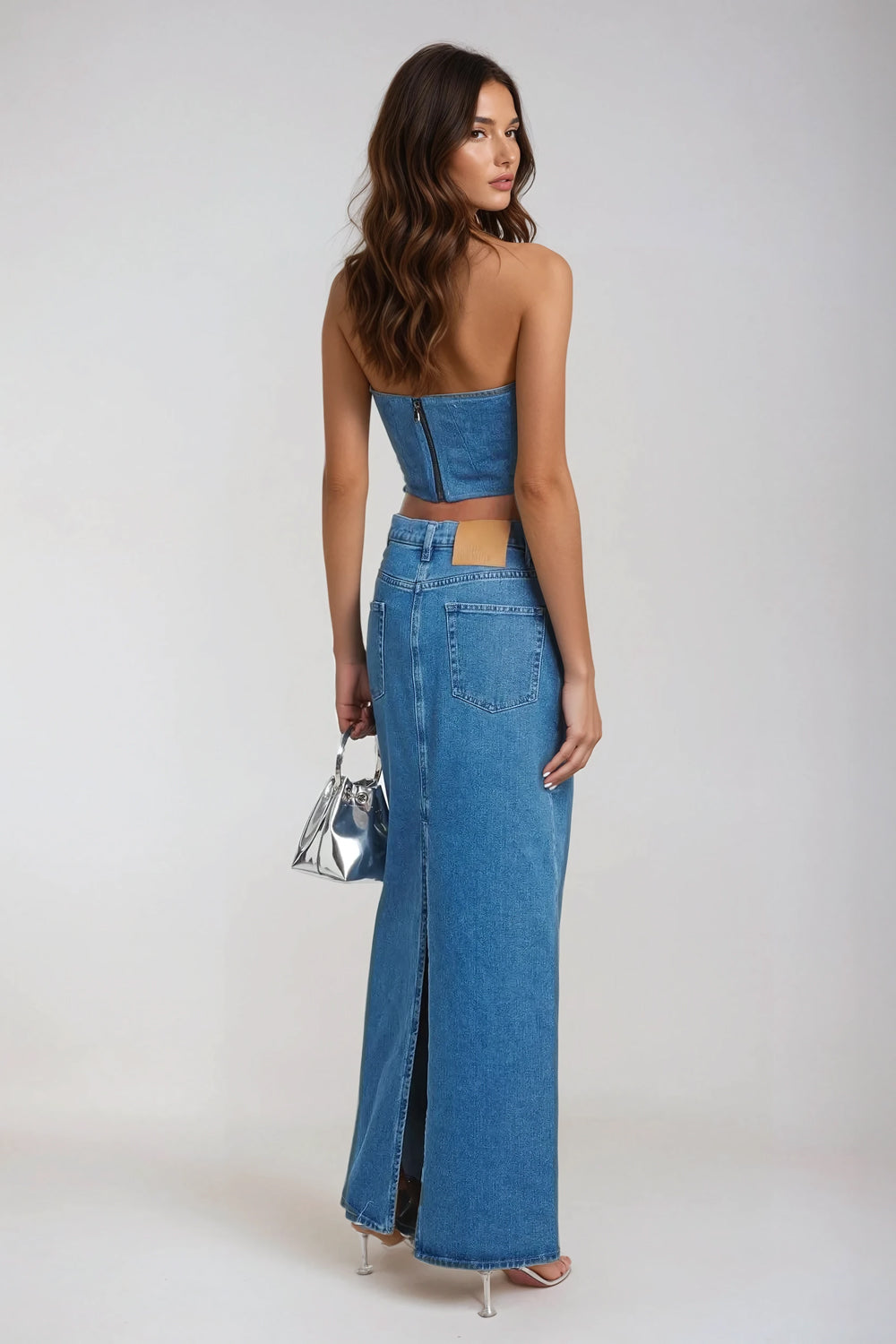 Structured Denim Corset Top with Embellished Accent - Blue