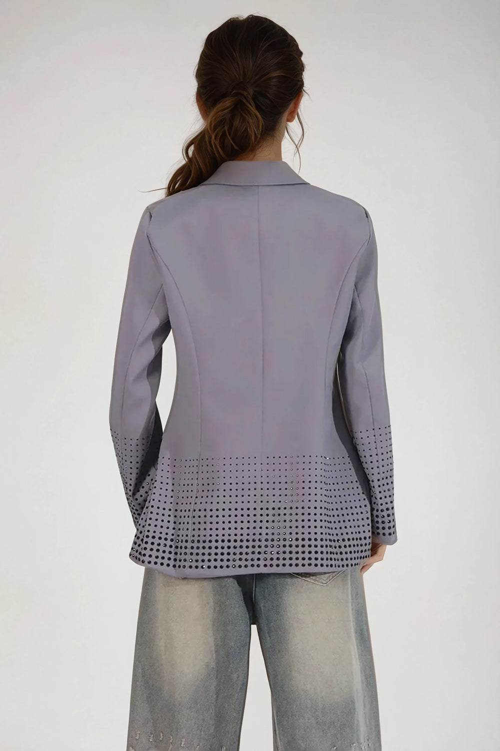 Tailored Double-Breasted Blazer with Studded Hem Detail - Gray