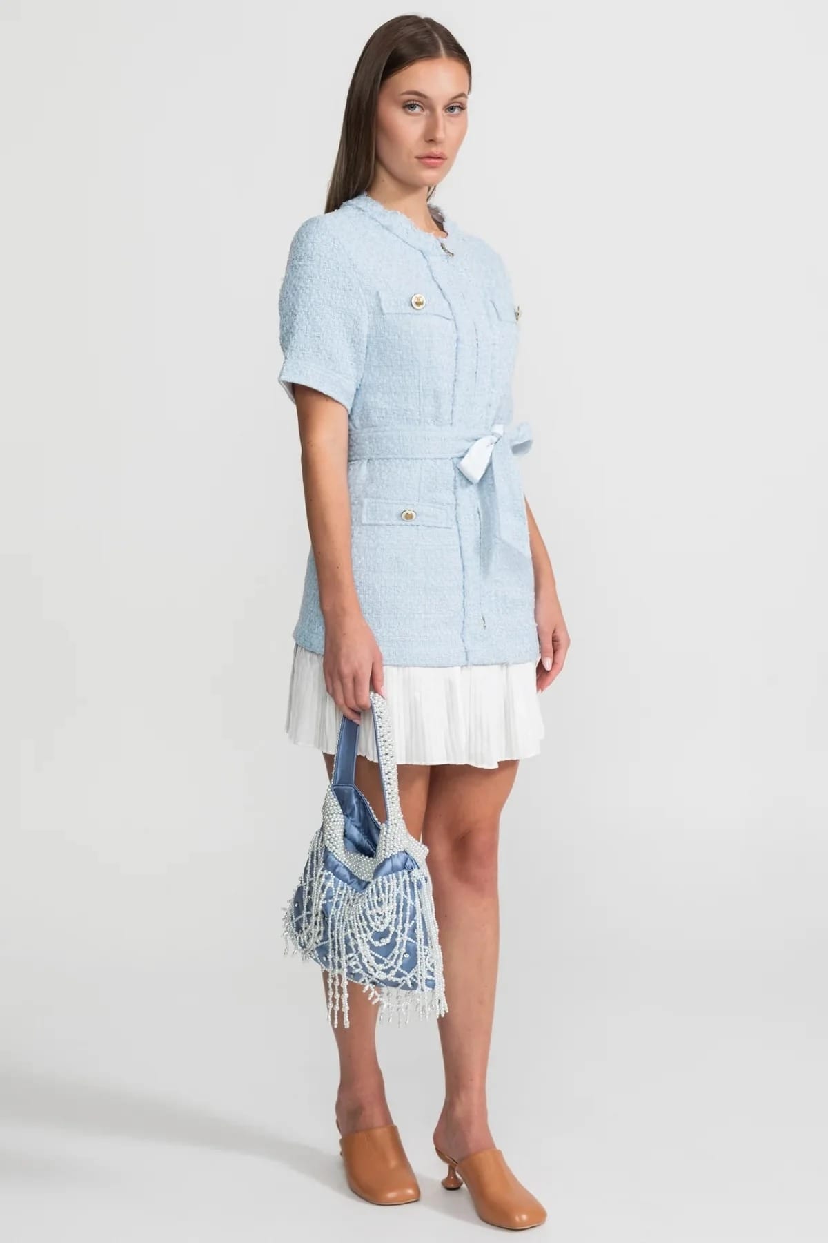 Short Sleeve Mini Dress with Belt and Pocket Detail - Blue