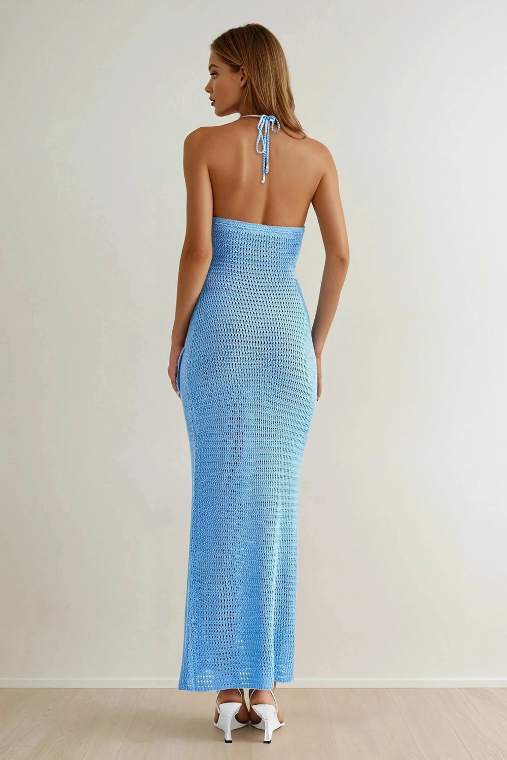 Knitted Halterneck Maxi Dress with 3D Floral Accents - Blue