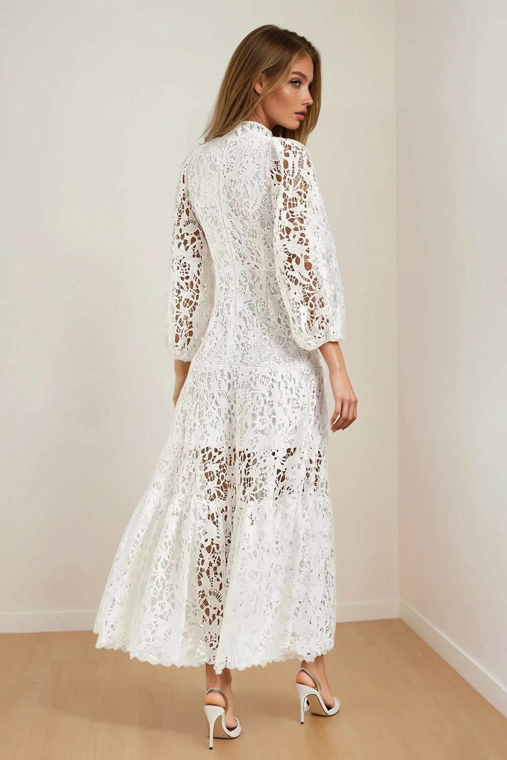 Midi Dress with High Neckline and Tiered Hem - White