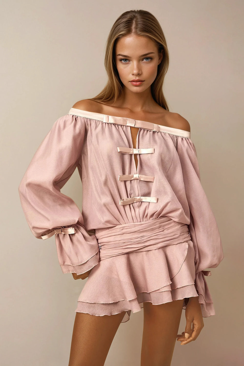 Mini Dress with Ruffle Skirt and Bow Details - Pink