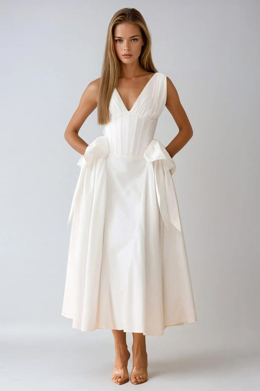 Sleeveless Corset Midi Dress with Side Drapes - White