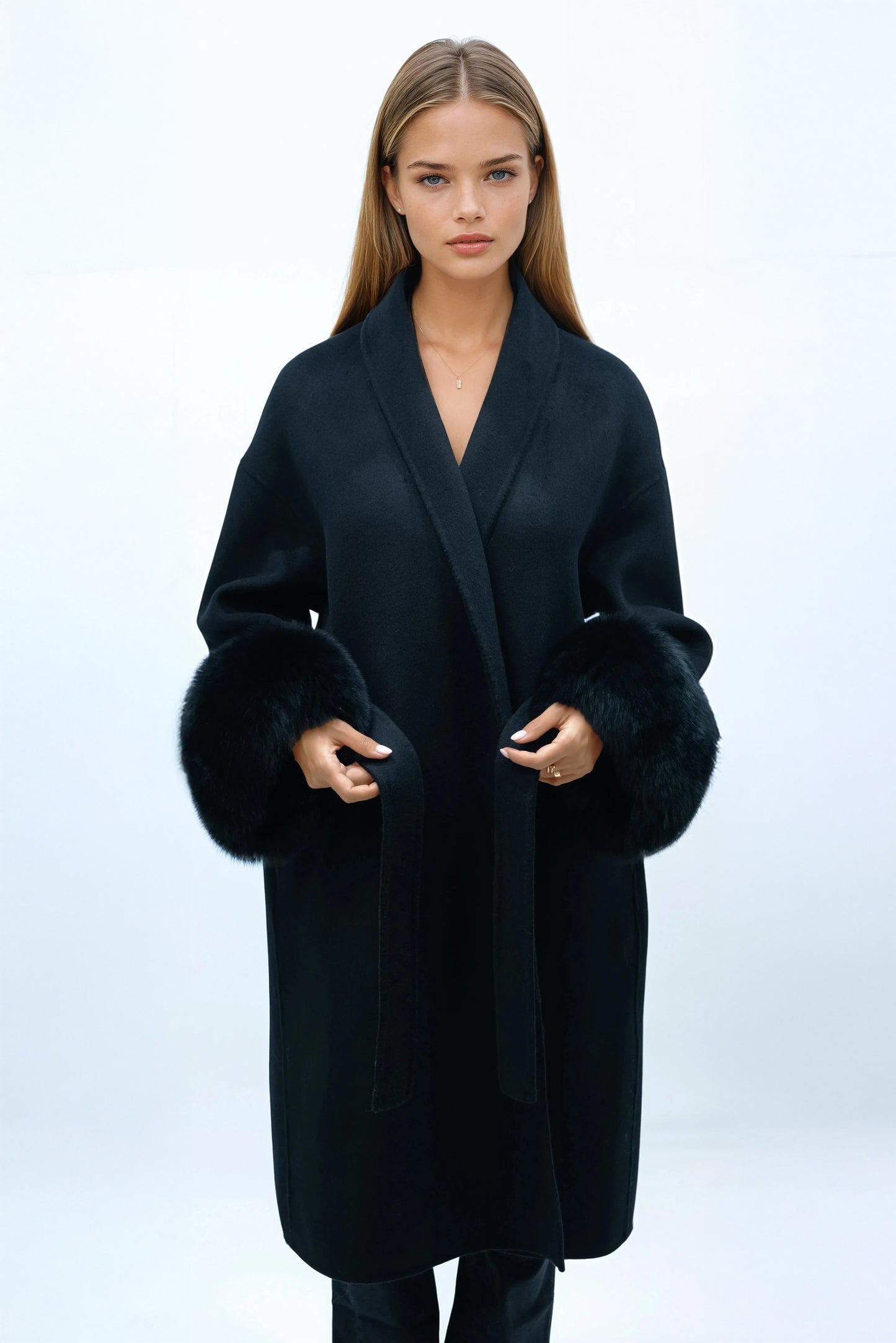 100% Wool Belted Long Coat with Fur Cuffs - Black