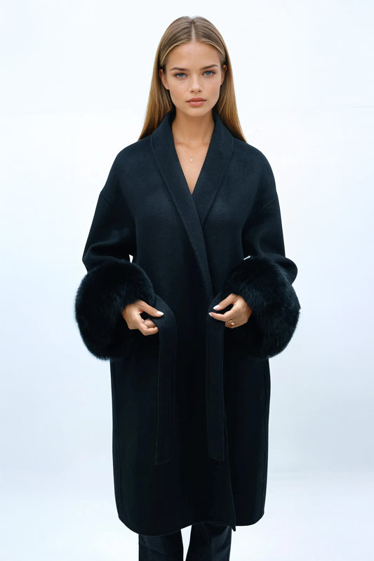100% Wool Belted Long Coat with Fur Cuffs - Black