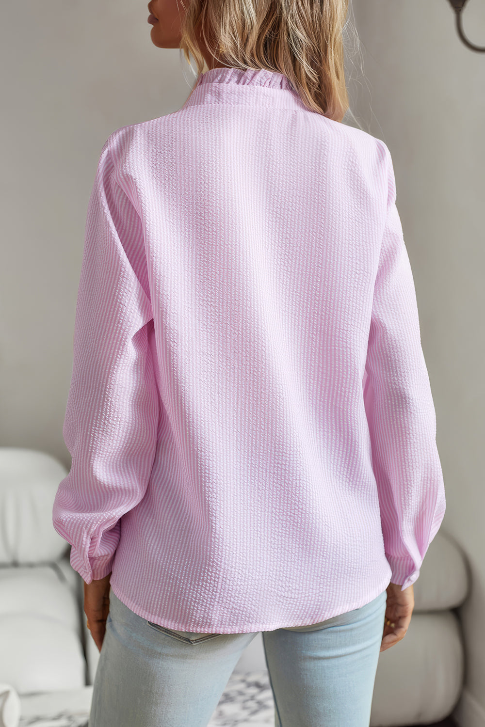 Long-Sleeve Button-Down Shirt with Ruffled Detail - Pink