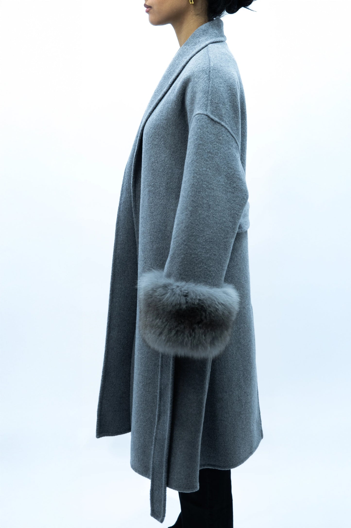 100% Wool Belted Long Coat with Fur Cuffs - Gray