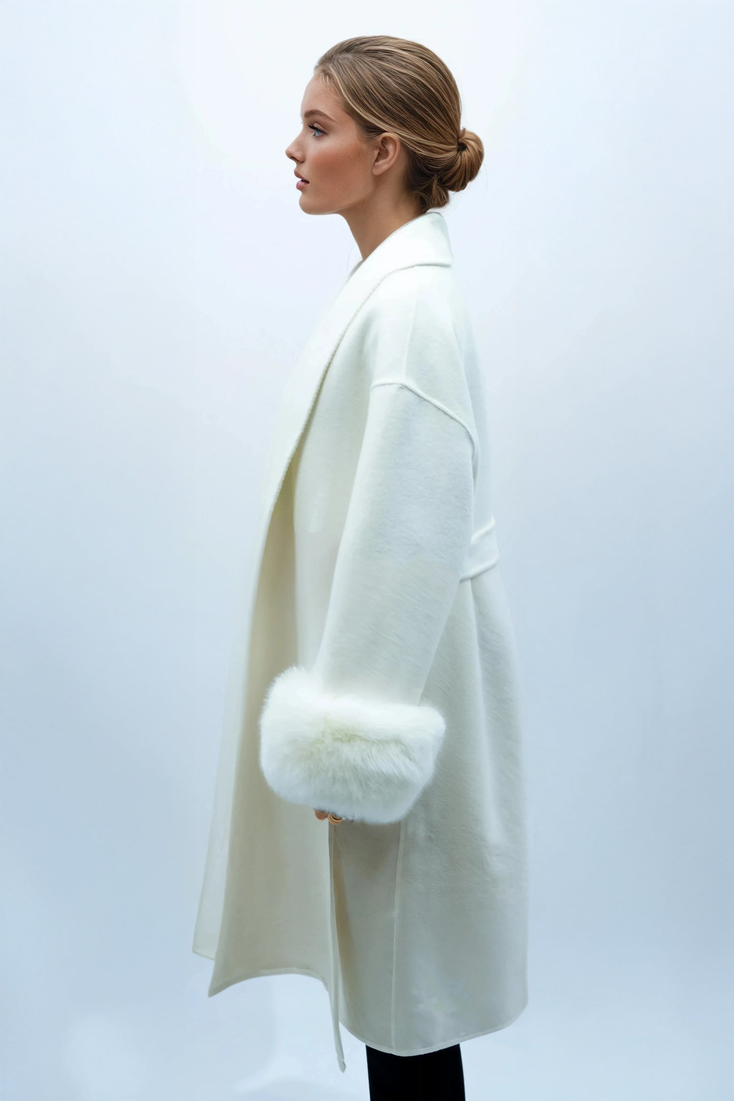 100% Wool Belted Long Coat with Fur Cuffs - White