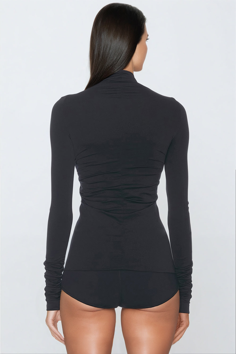 Ruched Cut-Out Front Long Sleeve Top - Black