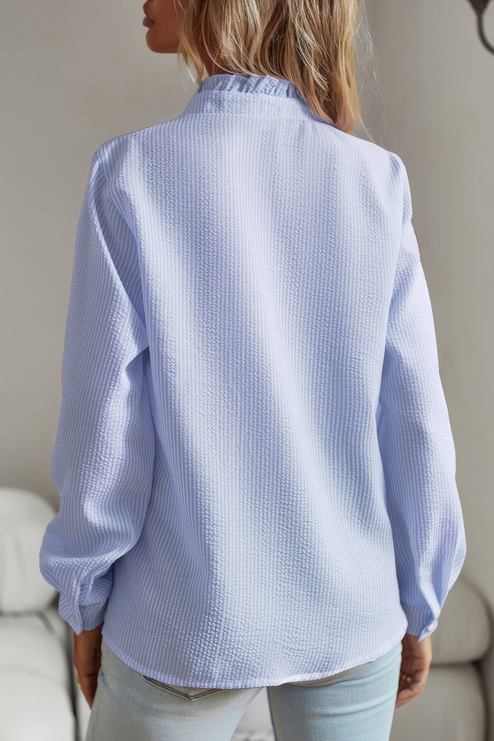 Long-Sleeve Button-Down Shirt with Ruffled Detail - Pink