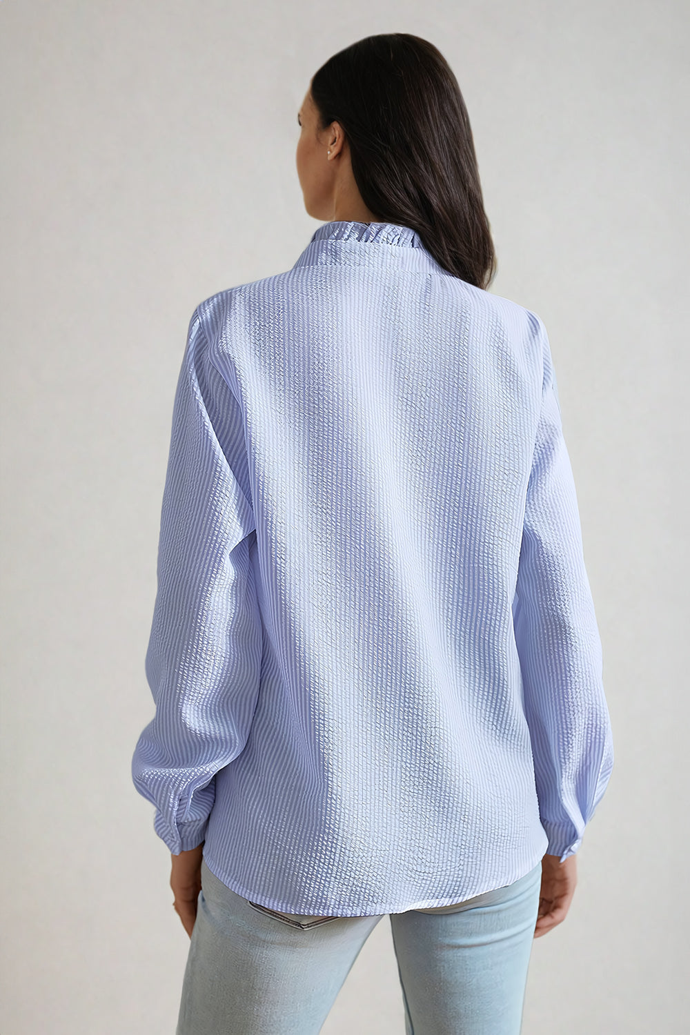 Long-Sleeve Button-Down Shirt with Ruffled Detail - Blue