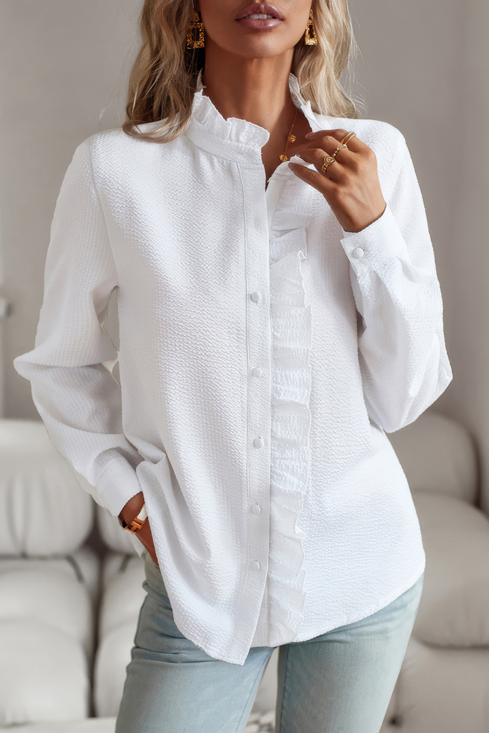 Long-Sleeve Button-Down Shirt with Ruffled Detail - Black