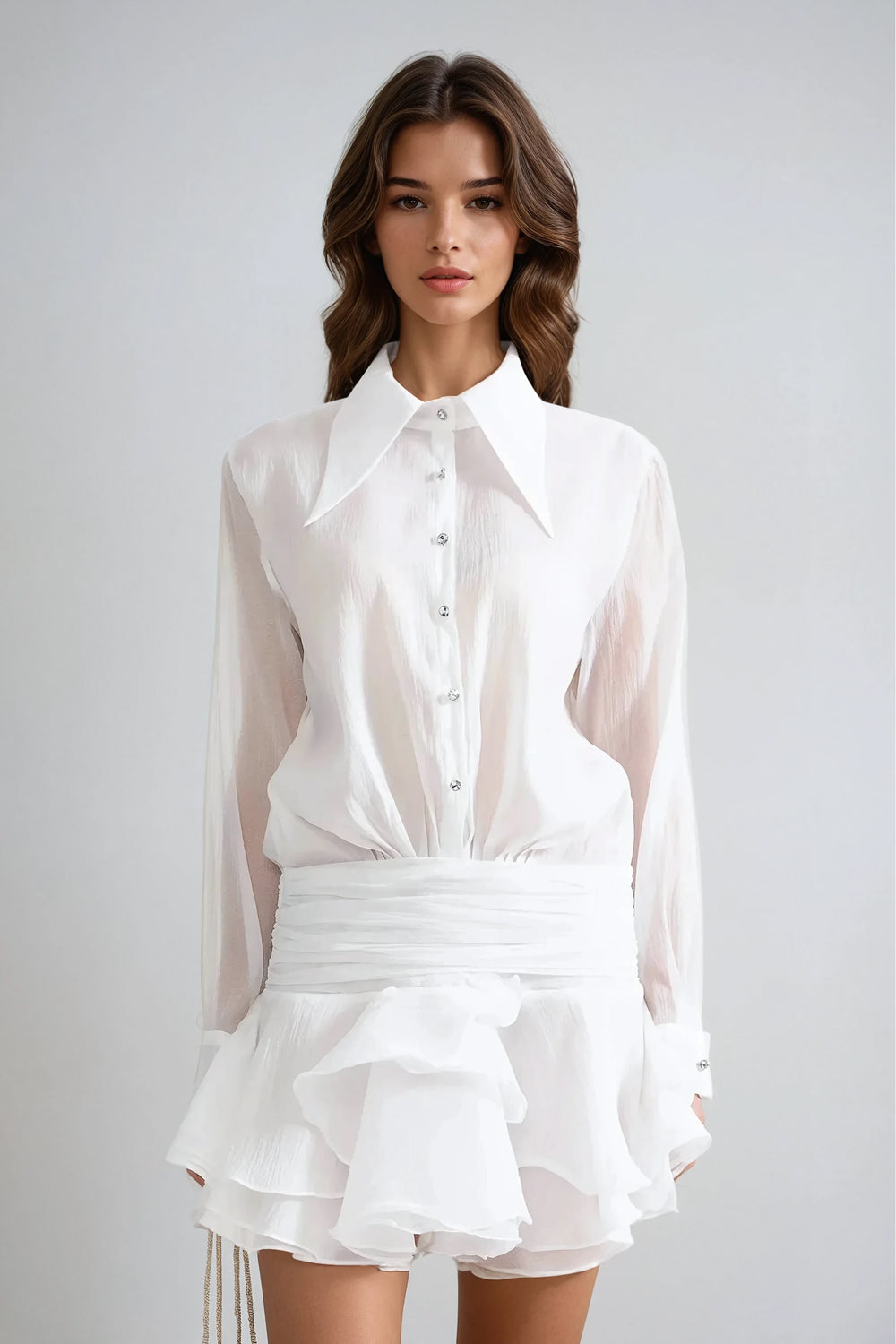 Draped Button-Up Mini Dress - White