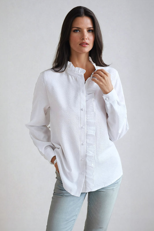 Long-Sleeve Button-Down Shirt with Ruffled Detail - White