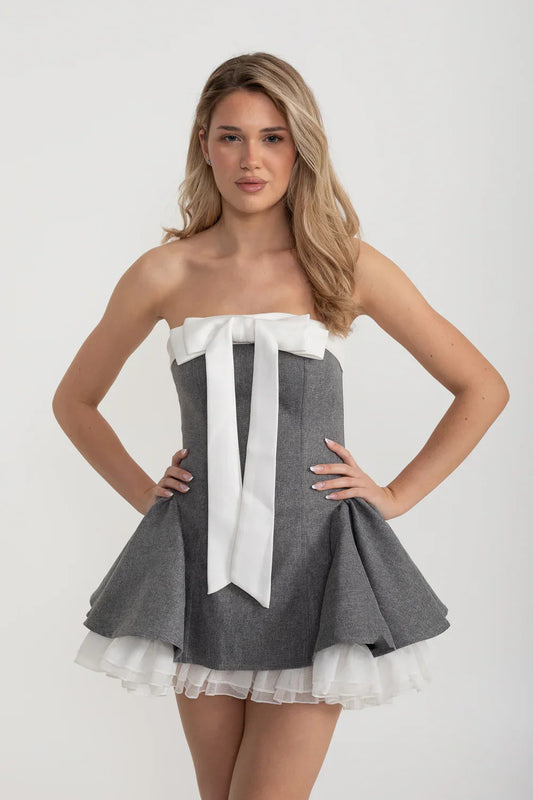 Strapless Fit-and-Flare Mini Dress with Bow Detail - Gray