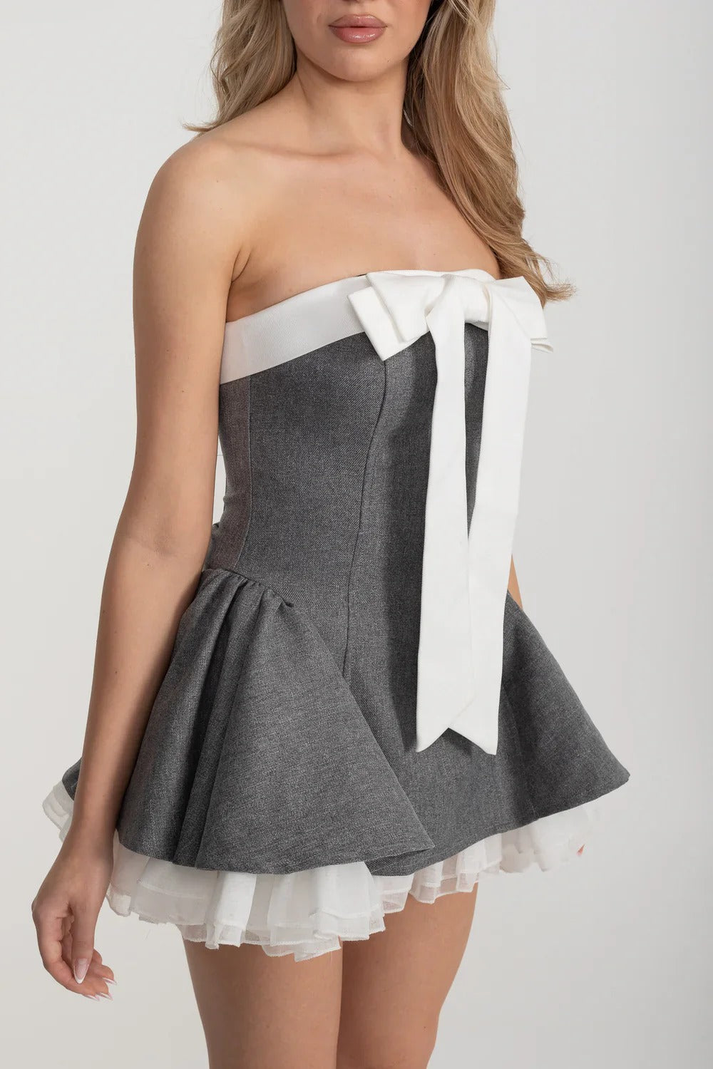 Strapless Fit-and-Flare Mini Dress with Bow Detail - Gray