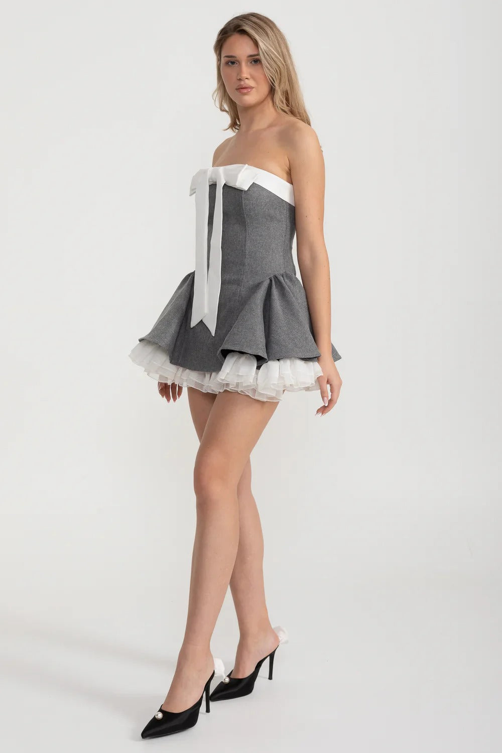Strapless Fit-and-Flare Mini Dress with Bow Detail - Gray