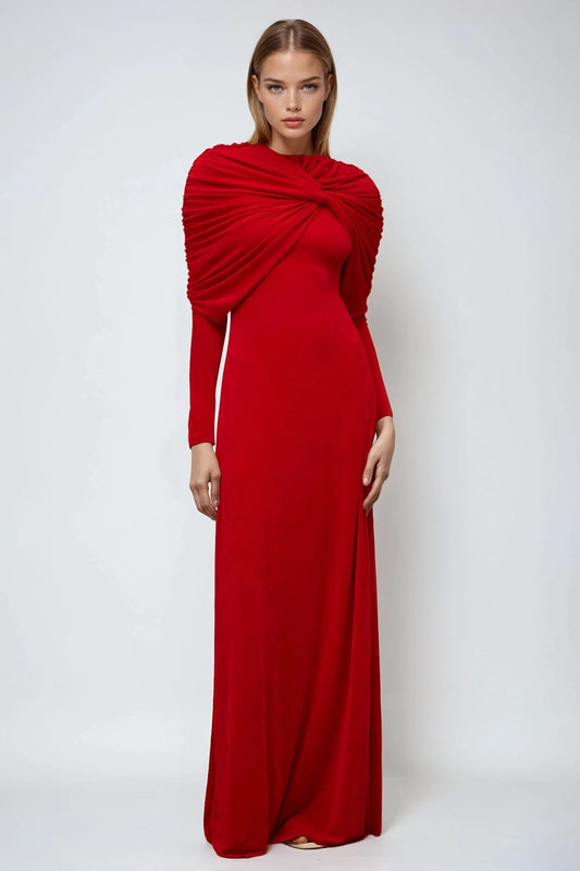 Draped Shoulder Long Sleeves Maxi Dress - Red