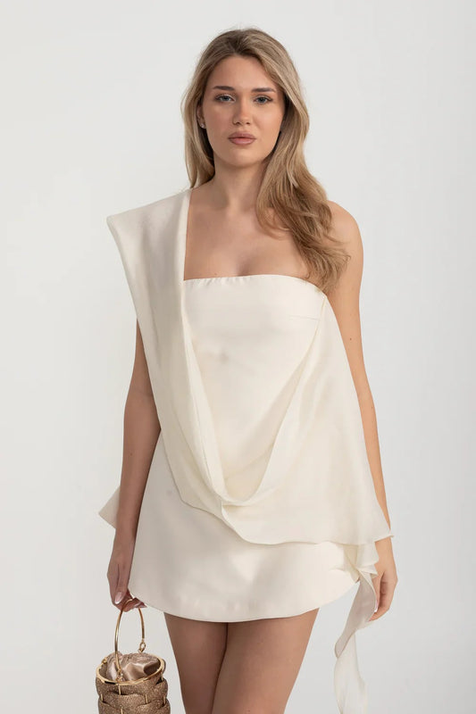 One-Shoulder Draped Satin Mini Dress - Ivoire