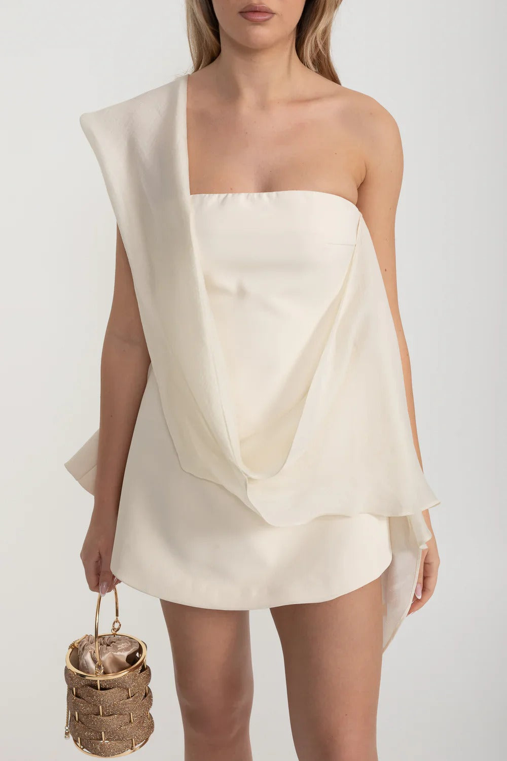 One-Shoulder Draped Satin Mini Dress - Ivoire