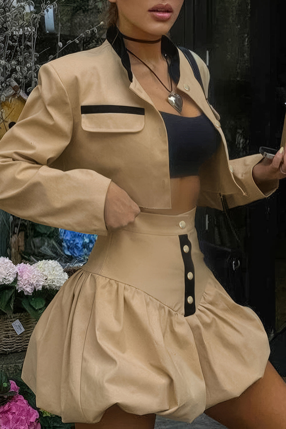 Cropped Jacket and Button-Front Skirt Co-Ord Set