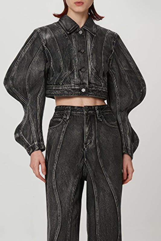 Cropped Denim Jacket with Structured Puff Sleeves