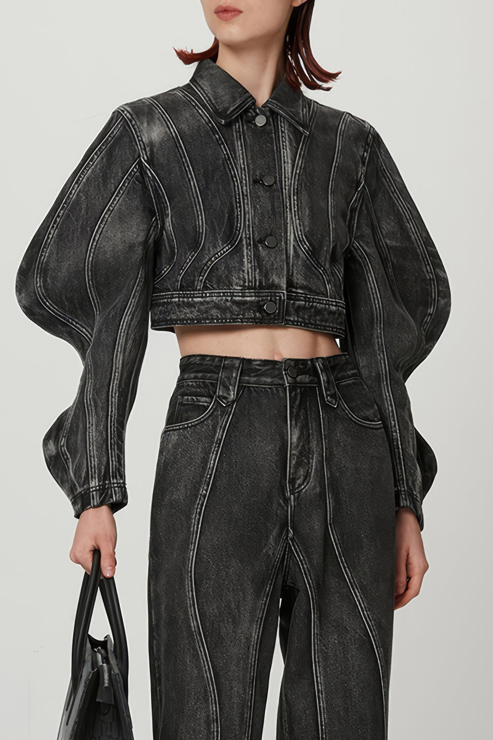 Cropped Denim Jacket with Structured Puff Sleeves