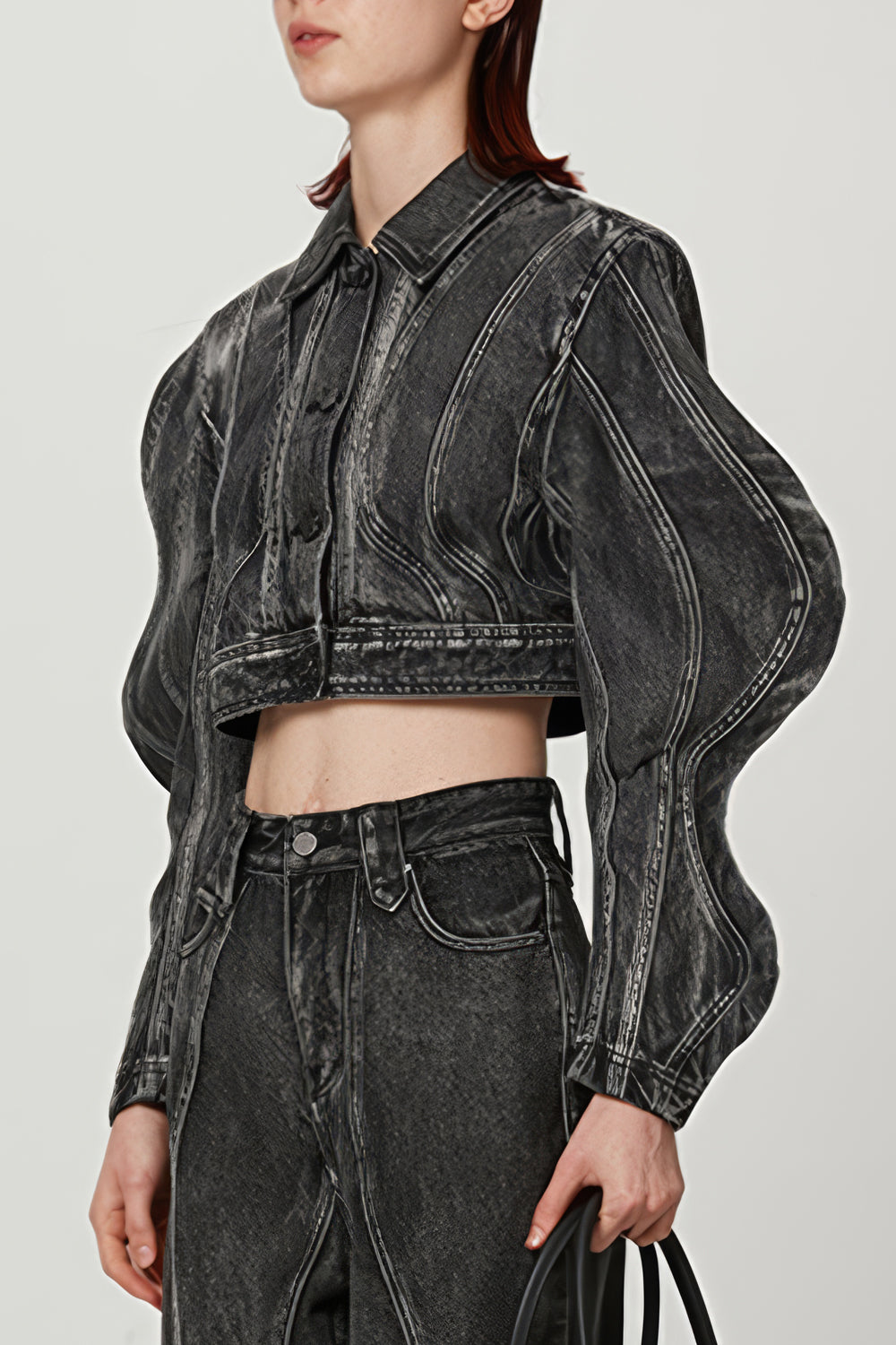 Cropped Denim Jacket with Structured Puff Sleeves
