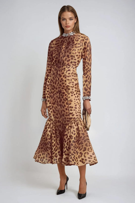 Two-Piece Set with Printed Long Sleeve Top and Midi Skirt - Brown
