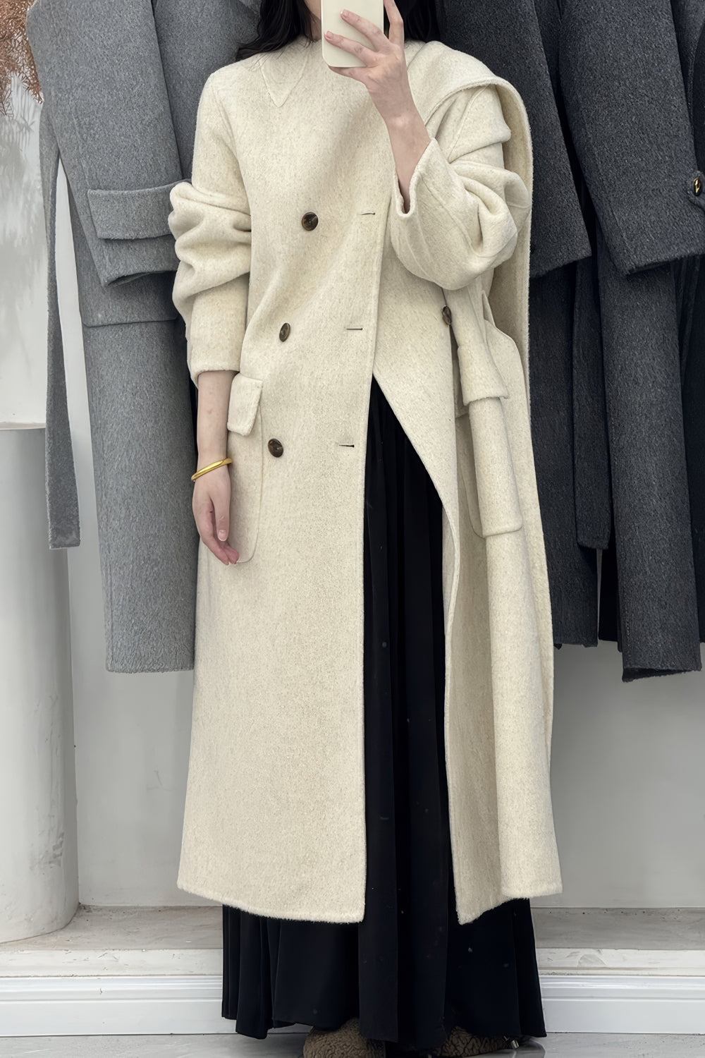 Wrap Double-Breasted Coat with Shawl Lapel