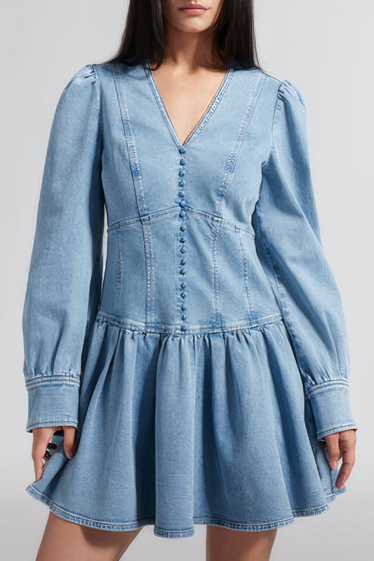 V-Neck Button-Detail Denim Mini Dress